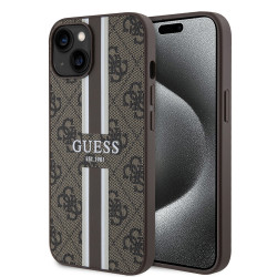 Coque arrière rigide Guess 4G Printed Stripes avec MagSafe pour Apple iPhone 15 - Marron