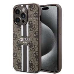Coque arrière rigide Guess 4G Printed Stripes avec MagSafe pour Apple iPhone 15 Pro Max - Marron