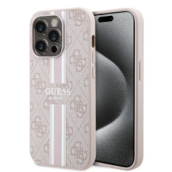 Coque arrière rigide Guess 4G Printed Stripes avec MagSafe pour Apple iPhone 15 Pro Max - Rose
