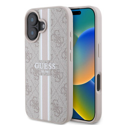 Coque arrière rigide Guess 4G Printed Stripes avec MagSafe pour Apple iPhone 16 - Rose