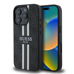 Coque arrière rigide Guess 4G Printed Stripes avec MagSafe pour Apple iPhone 16 Pro Max - Noir