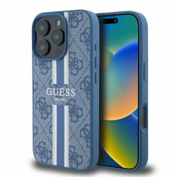 Coque arrière rigide Guess 4G Printed Stripes avec MagSafe pour Apple iPhone 16 Pro Max - Bleu