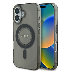 Coque arrière Guess IML Rhinestones avec MagSafe pour Apple iPhone 16 - Noir