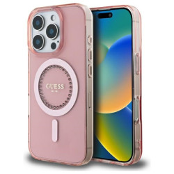 Coque arrière Guess IML Rhinestones avec MagSafe pour Apple iPhone 16 Pro - Rose