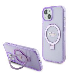 Coque arrière Guess Ring Stand Script Glitter avec MagSafe pour Apple iPhone 15 Plus - Violet