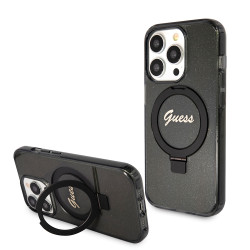 Coque arrière Guess Ring Stand Script Glitter avec MagSafe pour Apple iPhone 15 Pro Max - Noir