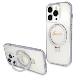 Coque arrière Guess Ring Stand Script Glitter avec MagSafe pour Apple iPhone 15 Pro Max - Transparent