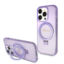 Coque arrière Guess Ring Stand Script Glitter avec MagSafe pour Apple iPhone 15 Pro - Violet