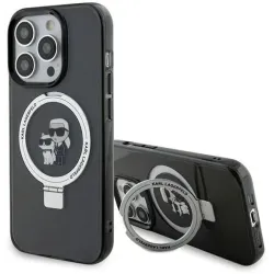 Coque arrière rigide Karl Lagerfeld Ring Stand Karl & Choupette avec MagSafe pour Apple iPhone 15 Pro Max - Noir