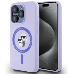 Coque arrière en silicone Karl Lagerfeld Karl & Choupette Heads Ring avec MagSafe pour Apple iPhone 15 Pro - Violet