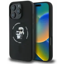 Coque arrière en silicone Karl Lagerfeld Karl & Choupette Heads Ring avec MagSafe pour Apple iPhone 16 Pro - Noir
