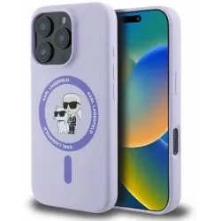 Coque arrière en silicone Karl Lagerfeld Karl & Choupette Heads Ring avec MagSafe pour Apple iPhone 16 Pro - Violet
