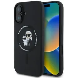 Coque arrière en silicone Karl Lagerfeld Karl & Choupette Heads Ring avec MagSafe pour Apple iPhone 16 - Noir