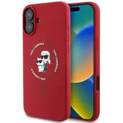 Coque arrière en silicone Karl Lagerfeld Karl & Choupette Heads Ring avec MagSafe pour Apple iPhone 16 - Rouge