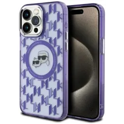 Coque arrière Karl Lagerfeld IML Monogram Karl & Choupette Head avec MagSafe pour Apple iPhone 15 Pro - Violet