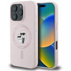 Coque arrière en silicone Karl Lagerfeld Karl & Choupette Heads Ring avec MagSafe pour Apple iPhone 16 Pro Max - Rose