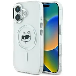 Coque arrière Karl Lagerfeld IML Metal Choupette Head avec MagSafe pour Apple iPhone 16 Plus - Blanc