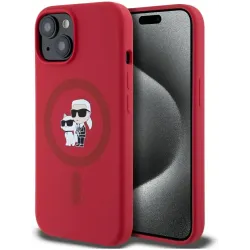 Coque arrière en silicone Karl Lagerfeld Karl & Choupette Heads Ring avec MagSafe pour Apple iPhone 15 - Rouge
