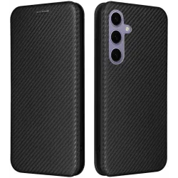 Coque portefeuille Phonesta Carbon Fiber Skin pour Samsung Galaxy S25 - Noir