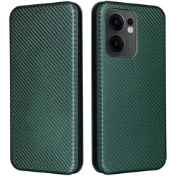 Coque portefeuille Phonesta Carbon Fiber Skin pour Oppo Reno13 F 4G/5G / Reno13 FS 5G - Vert foncé