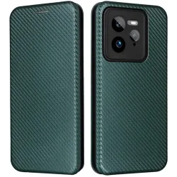 Coque portefeuille Phonesta Carbon Fiber Skin pour Realme GT 7 Pro - Vert foncé