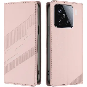 Coque portefeuille Phonesta Embossed Lines pour Xiaomi 15 - Rose