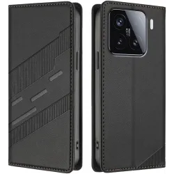 Coque portefeuille Phonesta Embossed Lines pour Xiaomi 15 - Noir