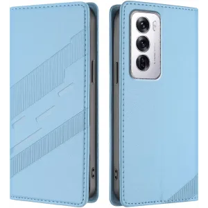 Coque portefeuille Phonesta Embossed Lines pour Oppo Reno12 - Bleu clair