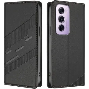 Coque portefeuille Phonesta Embossed Lines pour Oppo Reno12 Pro - Noir