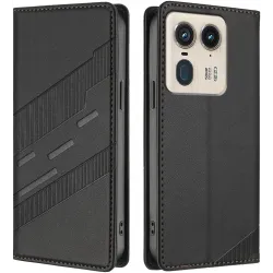 Coque portefeuille Phonesta Embossed Lines pour Motorola Edge 50 Ultra - Noir