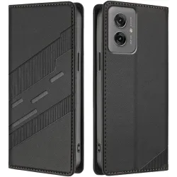 Coque portefeuille Phonesta Embossed Lines pour Motorola Moto G55 - Noir