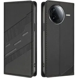 Coque portefeuille Phonesta Embossed Lines pour Xiaomi Poco F7 Pro/F7 Ultra - Noir