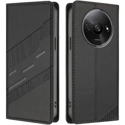 Coque portefeuille Phonesta Embossed Lines pour Xiaomi Redmi A3 - Noir