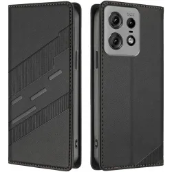 Coque portefeuille Phonesta Embossed Lines pour Motorola Edge 50 Pro - Noir