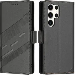 Coque portefeuille Phonesta Embossed Lines pour Samsung Galaxy S25 Ultra - Noir