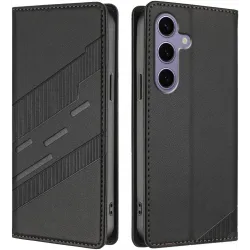 Coque portefeuille Phonesta Embossed Lines pour Samsung Galaxy S25 - Noir