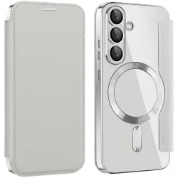 Coque portefeuille Phonesta Luxury Crystal avec MagSafe pour Samsung Galaxy S25 Plus/S24 Plus - Argent