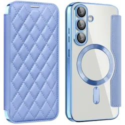 Coque portefeuille Phonesta Luxury Crystal Puffed avec MagSafe pour Samsung Galaxy S25/S24 - Bleu clair