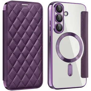 Coque portefeuille Phonesta Luxury Crystal Puffed avec MagSafe pour Samsung Galaxy S25/S24 - Violet foncé