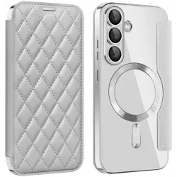 Coque portefeuille Phonesta Luxury Crystal Puffed avec MagSafe pour Samsung Galaxy S25/S24 - Argent