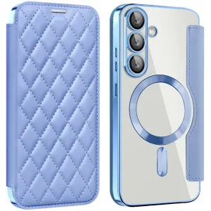 Coque portefeuille Phonesta Luxury Crystal Puffed avec MagSafe pour Samsung Galaxy S25 Plus/S24 Plus - Bleu clair