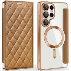 Coque portefeuille Phonesta Luxury Crystal Puffed avec MagSafe pour Samsung Galaxy S25 Ultra - Marron