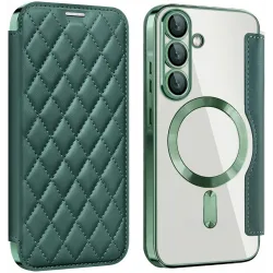 Coque portefeuille Phonesta Luxury Crystal Puffed avec MagSafe pour Samsung Galaxy A36/A56 - Vert foncé