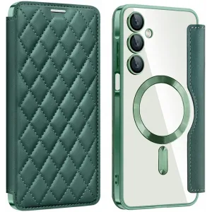 Coque portefeuille Phonesta Luxury Crystal Puffed avec MagSafe pour Samsung Galaxy A16 - Vert foncé