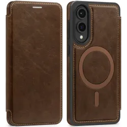 Coque portefeuille Phonesta Luxury Leather avec MagSafe pour Samsung Galaxy S25 Edge - Marron foncé