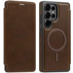 Coque portefeuille Phonesta Luxury Leather avec MagSafe pour Samsung Galaxy S25 Ultra - Marron foncé