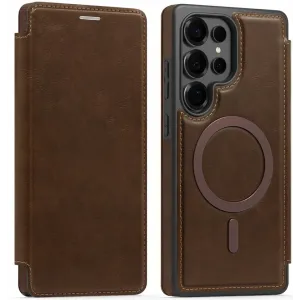 Coque portefeuille Phonesta Luxury Leather avec MagSafe pour Samsung Galaxy S25 Ultra - Marron foncé