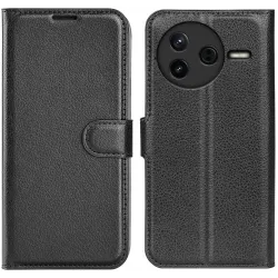 Coque portefeuille Phonesta Litchi Skin pour Xiaomi Poco F7 Pro - Noir