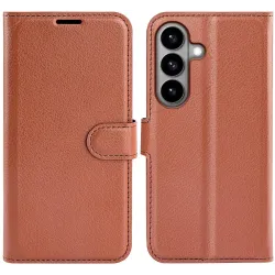 Coque portefeuille Phonesta Litchi Skin pour Samsung Galaxy S26 - Marron
