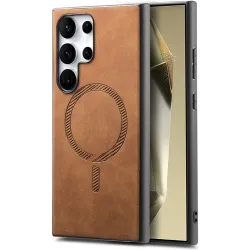 Coque arrière Phonesta Retro Vegan Leather MagSafe pour Samsung Galaxy S25 Ultra - Marron